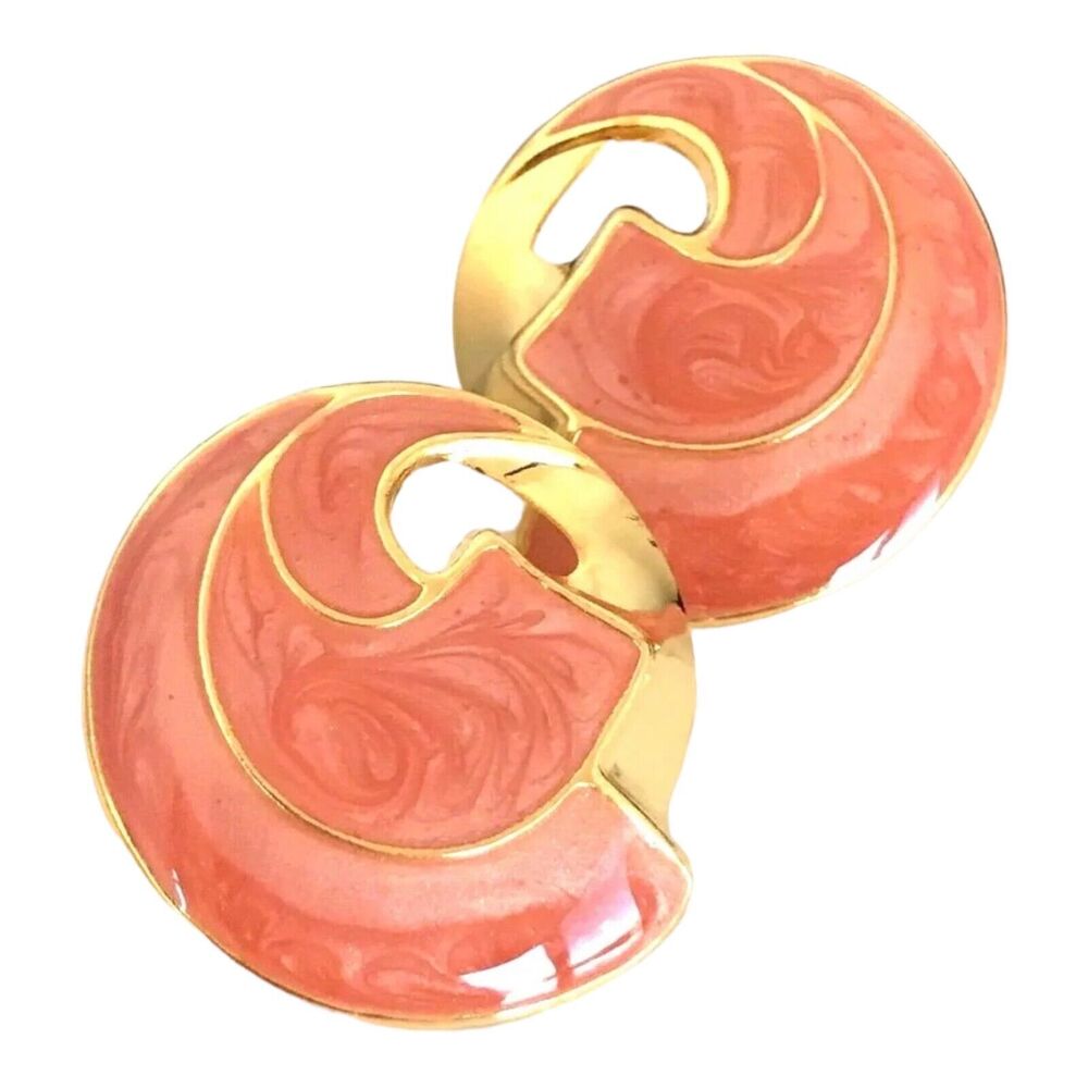 Vintage 1980s Peach Enamel Swirl Earrings Gold Tone Pierced NOS - 7L
